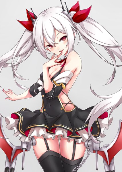 Anime picture 877x1239 with azur lane vampire (azur lane) asya single long hair tall image looking at viewer blush fringe breasts open mouth light erotic simple background hair between eyes red eyes twintails payot silver hair cloud (clouds) nail polish