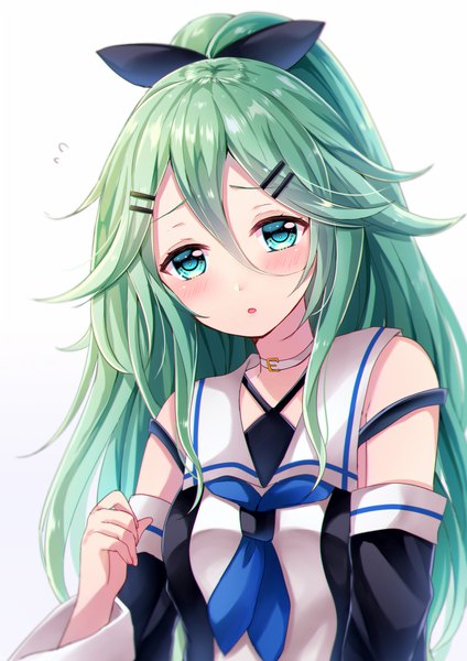 Anime picture 700x990 with kantai collection yamakaze (kantai collection) sakura hiyori single long hair tall image looking at viewer blush fringe simple background hair between eyes white background upper body ponytail parted lips head tilt aqua eyes green hair :o girl