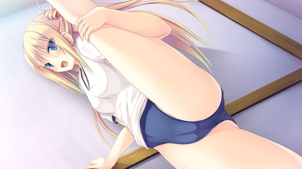 Anime picture 1280x720 with aimai renai tagme (character) satofuji masato single long hair looking at viewer blush open mouth blue eyes light erotic blonde hair smile wide image game cg bare legs spread legs cameltoe legs up girl uniform