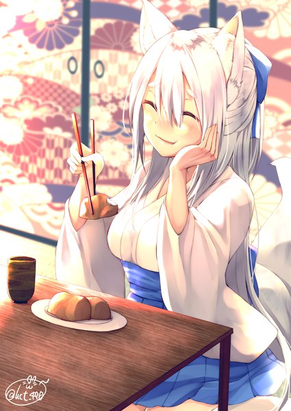 Anime picture 1417x2000 with original chita (ketchup) single long hair tall image blush fringe breasts smile hair between eyes large breasts sitting holding signed animal ears silver hair indoors tail eyes closed traditional clothes