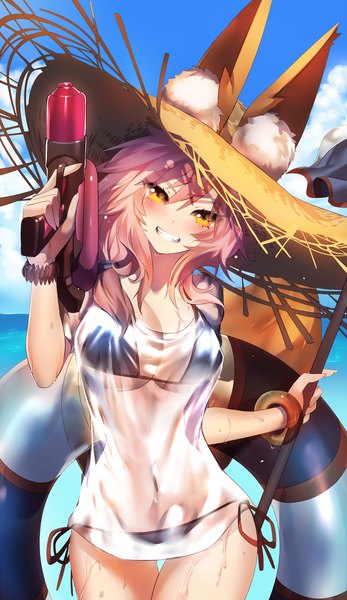 Anime picture 1157x2000 with fate (series) fate/grand order tamamo (fate) (all) tamamo no mae (swimsuit lancer) (fate) rahato single long hair tall image looking at viewer blush fringe breasts light erotic smile hair between eyes large breasts standing holding animal ears yellow eyes