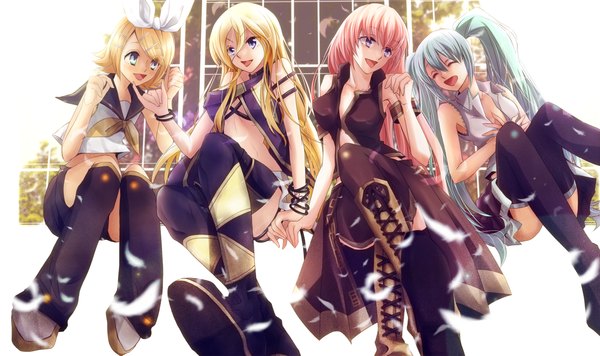 Anime picture 1500x891 with vocaloid hatsune miku megurine luka kagamine rin lily (vocaloid) suzusachinet (artist) long hair short hair blue eyes blonde hair smile wide image twintails multiple girls pink hair eyes closed green hair group girl bow