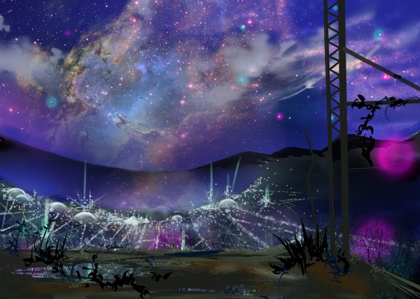 イラスト 1902x1354 と オリジナル watoru (artist) highres 空 night night sky landscape city lights space ruins milky way 星
