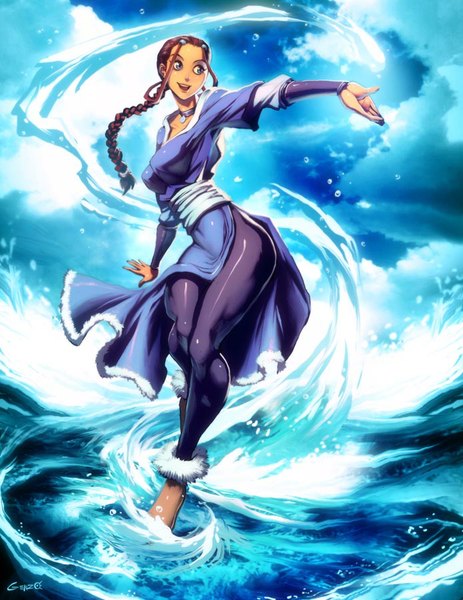 Anime picture 695x900 with avatar: the last airbender nickelodeon katara genzoman single long hair tall image open mouth blue eyes smile brown hair sky cloud (clouds) braid (braids) traditional clothes japanese clothes magic single braid girl water