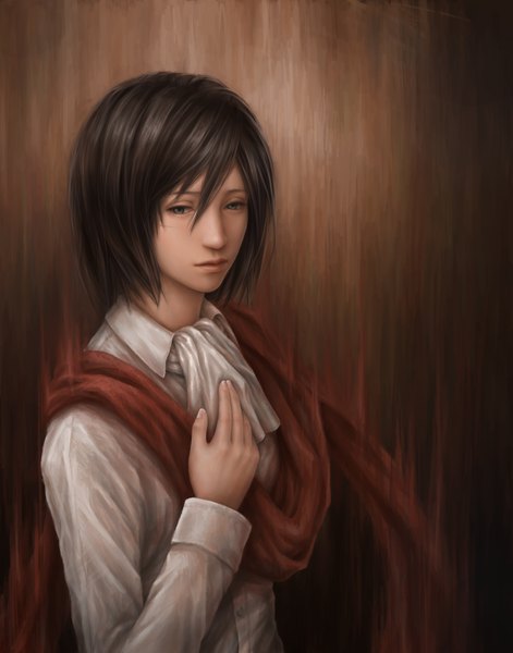 Anime picture 785x1000 with shingeki no kyojin production i.g mikasa ackerman jxbp single tall image short hair black hair simple background blurry realistic grey eyes hand on chest looking down girl shirt scarf ascot red scarf