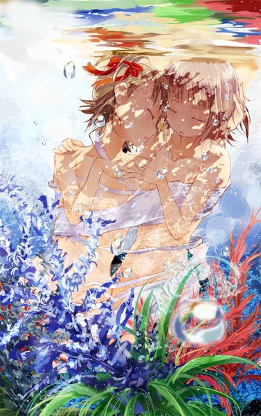 Anime picture 754x1200 with idolmaster idolmaster (classic) amami haruka futami ami yae (mono110) tall image fringe short hair light erotic brown hair bare shoulders multiple girls eyes closed nude sunlight bare belly reflection shoujo ai underwater sleeping