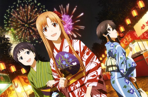 Anime picture 4079x2674 with sword art online a-1 pictures yuuki asuna asada shino kirigaya suguha takata akira long hair highres short hair black hair brown hair multiple girls brown eyes absurdres traditional clothes japanese clothes black eyes scan official art fireworks