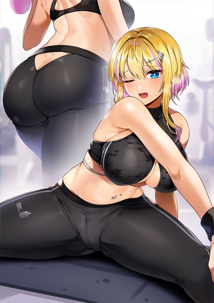 Anime picture 706x1000 with azur lane marblehead (azur lane) marblehead (boxing girl!) (azur lane) gijang tall image looking at viewer blush fringe short hair breasts open mouth blue eyes light erotic blonde hair hair between eyes sitting bare shoulders cleavage ass indoors
