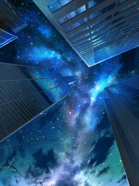 Anime picture 1920x2560 with original smile (qd4nsvik) tall image highres from below no people milky way building (buildings) star (stars) skyscraper