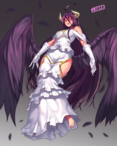 Anime picture 939x1171 with overlord (maruyama) madhouse albedo (overlord) jjune single long hair tall image looking at viewer blush light erotic smile signed yellow eyes purple hair ahoge barefoot horn (horns) dark background girl dress