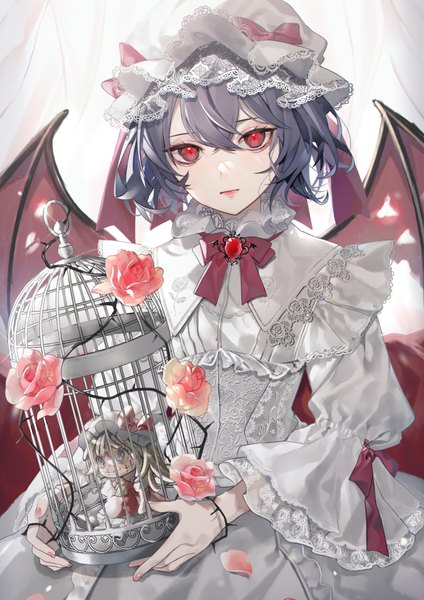 Anime picture 2893x4092 with touhou flandre scarlet remilia scarlet renkarua single tall image looking at viewer fringe highres short hair hair between eyes red eyes blue hair expressionless bat wings girl dress flower (flowers) hat wings