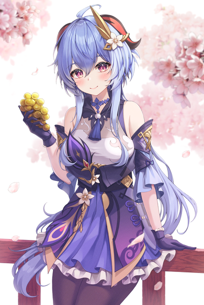 Anime picture 2900x4340 with genshin impact ganyu (genshin impact) keqing (genshin impact) kuca (ku ca18) single long hair tall image blush fringe highres smile hair between eyes purple eyes holding blue hair ahoge outdoors horn (horns) depth of field cherry blossoms