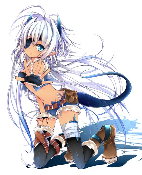 Anime picture 1206x1480 with original sum (pixiv id4404716) single tall image looking at viewer blush blue eyes white background silver hair tail very long hair horn (horns) pointy ears shadow kneeling girl thighhighs gloves black thighhighs shorts