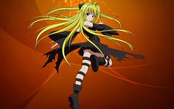 Anime picture 1920x1200 with toloveru toloveru darkness xebec konjiki no yami single long hair highres simple background blonde hair red eyes wide image looking back torn clothes girl detached sleeves