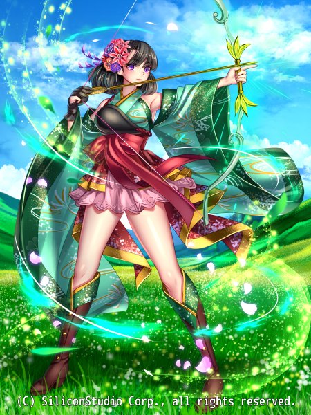 Anime picture 900x1200 with original ryuki@maguro-ex single tall image short hair black hair purple eyes looking away sky cloud (clouds) hair flower girl dress hair ornament flower (flowers) weapon petals bow (weapon)