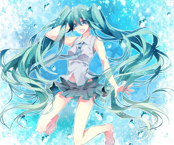 Anime picture 1200x1000 with vocaloid hatsune miku single fringe open mouth twintails very long hair barefoot aqua eyes aqua hair bare legs happy girl skirt shirt water necktie