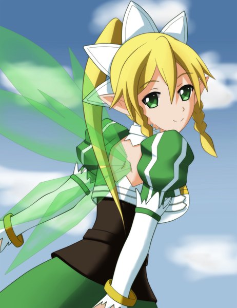 Anime picture 1201x1558 with sword art online a-1 pictures leafa single long hair tall image blonde hair green eyes ponytail braid (braids) pointy ears twin braids elf girl dress wings