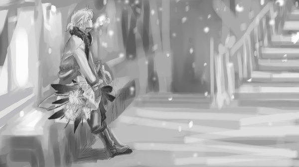 Anime picture 1440x810 with vocaloid kagamine len ura hanabi single short hair wide image sitting twintails profile monochrome snowing winter snow exhalation boy flower (flowers) boots knee boots coat bouquet