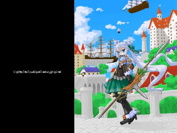 Anime picture 1600x1200 with mof's silver haired twintailed girl mof long hair highres blue eyes twintails blue hair very long hair gloves armor spear castle watercraft ship polearm