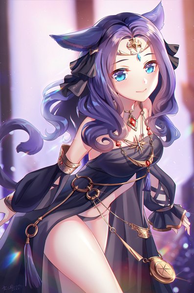 Anime picture 1272x1920 with final fantasy final fantasy xiv square enix miqo'te lalazyt single long hair tall image looking at viewer blush breasts blue eyes light erotic standing bare shoulders signed animal ears purple hair tail animal tail
