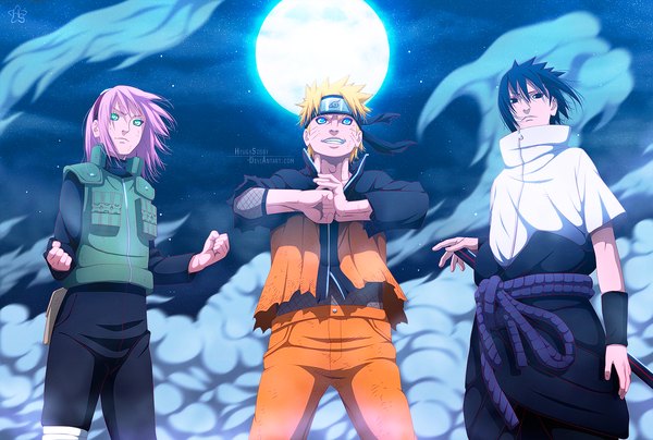 Anime picture 1500x1012 with naruto studio pierrot naruto (series) uzumaki naruto uchiha sasuke haruno sakura hyugasosby short hair blue eyes black hair blonde hair smile green eyes pink hair cloud (clouds) black eyes night sky coloring torn clothes facial mark