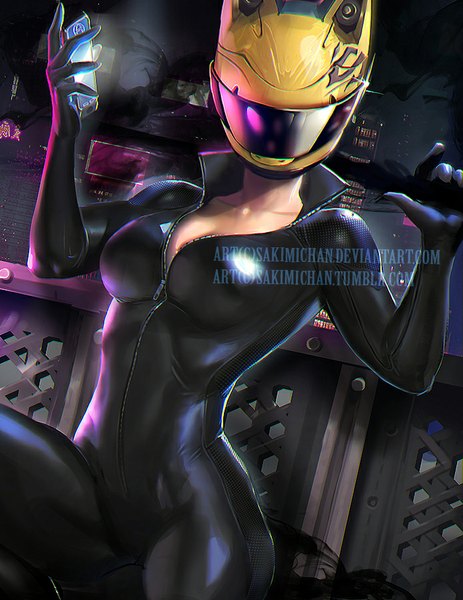 Anime picture 695x900 with durarara!! brains base (studio) celty sturluson sakimichan tall image breasts sitting holding realistic watermark headless girl gloves black gloves elbow gloves bodysuit mobile phone helmet