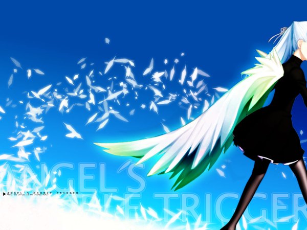 Anime picture 1280x960 with angelos armas henri single long hair blue hair inscription no face girl dress wings feather (feathers)