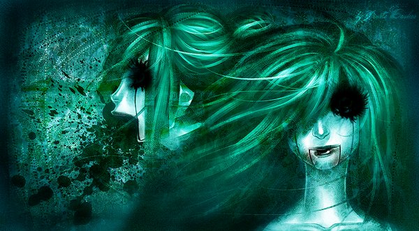 Anime picture 1000x553 with original pirate-cashoo single long hair fringe wide image green eyes profile green hair hair over one eye pale skin green background girl doll (dolls)