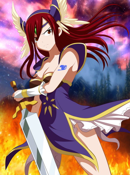 Anime picture 3317x4460 with fairy tail erza scarlet eddmos single long hair tall image highres brown eyes absurdres sky cloud (clouds) red hair tattoo coloring smoke girl gloves weapon plant (plants) tree (trees)