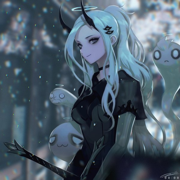 Anime picture 1773x1773 with original paul (shiramune) single long hair looking at viewer highres breasts smile signed payot ponytail long sleeves horn (horns) green hair blurry grey eyes depth of field snowing eyeshadow ghost