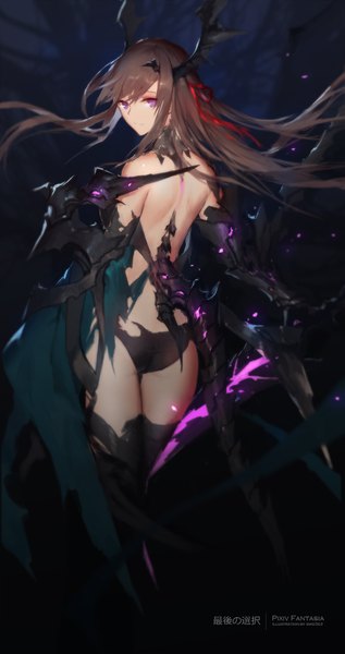 Anime picture 1063x2008 with original pixiv fantasia pixiv fantasia revenge of the darkness swd3e2 single long hair tall image looking at viewer light erotic brown hair purple eyes bare shoulders ass tail looking back horn (horns) from behind floating hair turning head girl