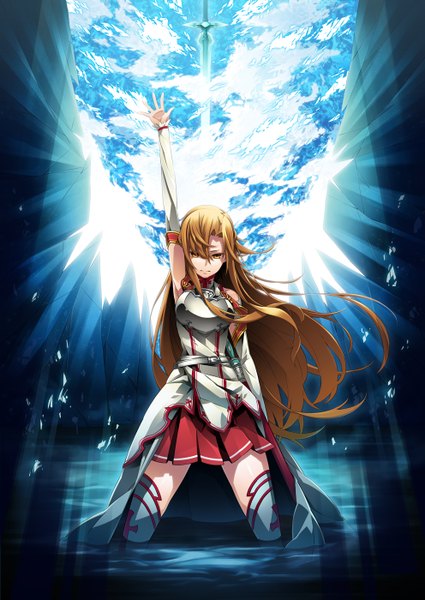 Anime picture 992x1400 with sword art online a-1 pictures yuuki asuna yamanami kousuke single long hair tall image looking at viewer brown hair brown eyes girl thighhighs skirt weapon detached sleeves white thighhighs sword wings water