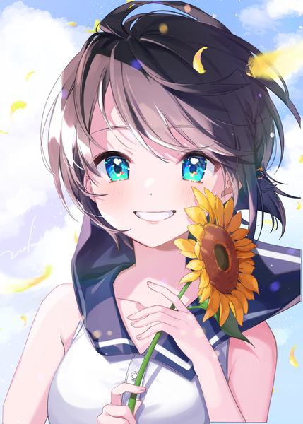 Anime picture 1295x1812 with virtual youtuber hololive oozora subaru nokachoco114 single tall image looking at viewer short hair blue eyes black hair smile sky cloud (clouds) upper body sleeveless grin sailor collar girl flower (flowers) petals