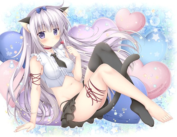 Anime picture 1500x1159 with alice or alice airi (alice or alice) korie riko single long hair looking at viewer blush fringe breasts light erotic large breasts sitting bare shoulders holding signed animal ears full body bent knee (knees) tail animal tail