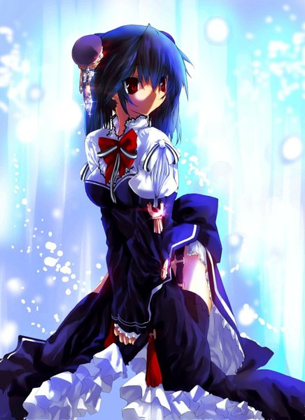 Anime picture 744x1024 with original zen99 single long hair tall image red eyes standing blue hair looking away long sleeves hair bun (hair buns) puffy sleeves light girl thighhighs hair ornament bow crystal