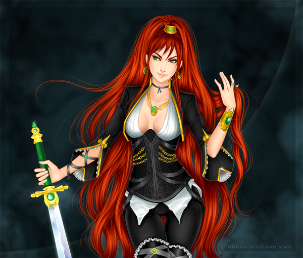 Anime picture 1100x937 with original m-aelis single breasts green eyes looking away cleavage red hair very long hair girl weapon earrings sword