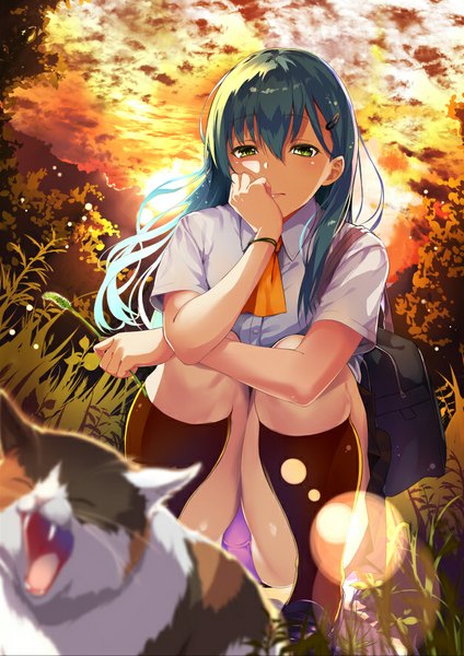 Anime picture 626x885 with kantai collection suzuya heavy cruiser momonokizmen single long hair tall image light erotic green eyes sky cloud (clouds) green hair pantyshot depth of field evening sunset squat girl skirt hair ornament underwear