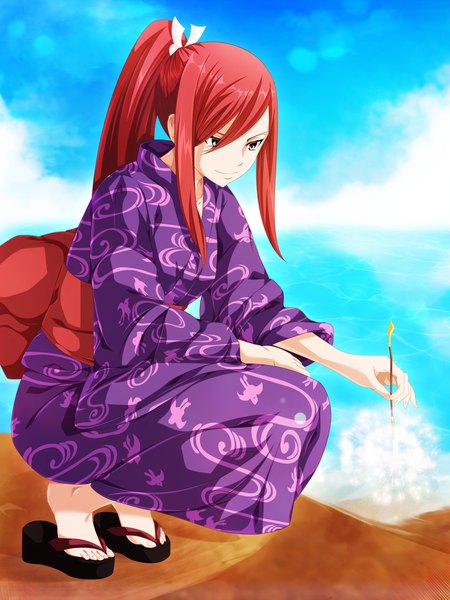 Anime picture 3600x4800 with fairy tail erza scarlet salim202 single long hair tall image highres smile absurdres sky cloud (clouds) ponytail red hair traditional clothes japanese clothes pink eyes coloring squat girl bow