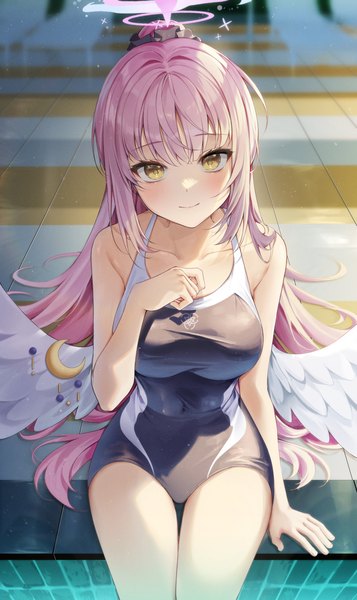 Anime picture 2438x4096 with blue archive mika (blue archive) solcha single long hair tall image looking at viewer fringe highres breasts light erotic smile sitting payot ponytail indoors blunt bangs thigh gap covered navel white wings