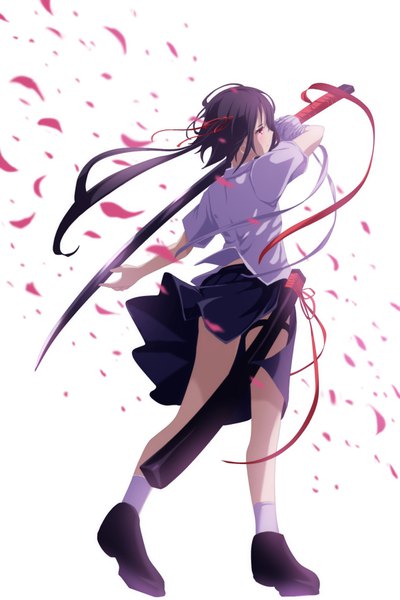 Anime picture 1200x1800 with original mikisai single tall image blush fringe short hair light erotic black hair simple background red eyes standing white background holding looking away full body profile pleated skirt wind from below