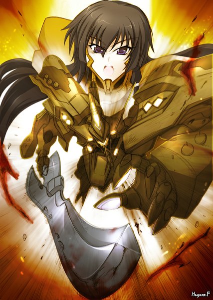 Anime picture 744x1046 with haganef single long hair tall image looking at viewer open mouth black hair black eyes girl weapon sword armor