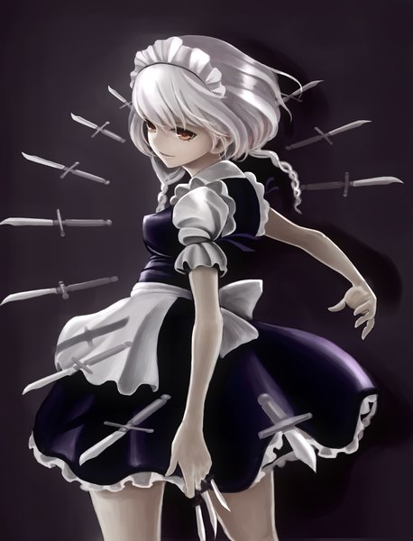 Anime picture 1450x1900 with touhou izayoi sakuya sashimi (adam026) single tall image short hair red eyes white hair braid (braids) maid twin braids dark background girl dress frills headdress maid headdress knife