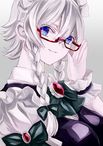 Anime picture 1571x2222 with touhou izayoi sakuya jan (lightdragoon) single tall image looking at viewer fringe short hair blue eyes simple background hair between eyes silver hair upper body braid (braids) light smile grey background maid twin braids adjusting glasses bespectacled