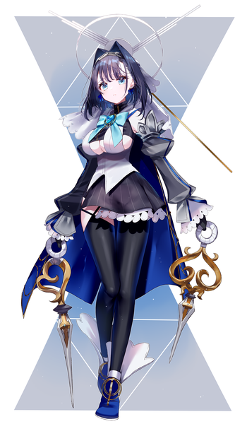 Anime picture 1750x3000 with virtual youtuber hololive hololive english ouro kronii ouro kronii (1st costume) sinsihukunokonaka single tall image looking at viewer fringe highres short hair breasts blue eyes light erotic black hair large breasts full body girl thighhighs