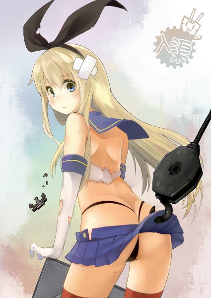 Anime picture 850x1200 with kantai collection shimakaze destroyer chig single long hair tall image looking at viewer blush fringe blue eyes light erotic blonde hair ass pleated skirt from behind bare belly tears torn clothes bare back girl