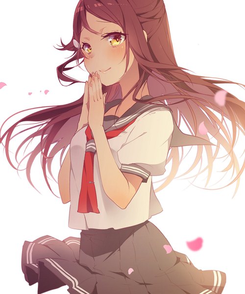 Anime picture 720x864 with love live! sunshine!! sunrise (studio) love live! sakurauchi riko asagao minoru single long hair tall image looking at viewer blush simple background smile brown hair white background yellow eyes wind puffy sleeves half updo hands clasped wind lift