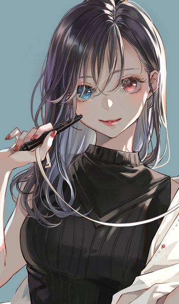 Anime picture 1000x1700 with original ao+beni single long hair tall image looking at viewer fringe blue eyes black hair simple background smile hair between eyes red eyes holding upper body nail polish parted lips arm up fingernails lipstick