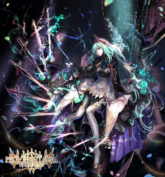 Anime picture 1117x1200 with original pixiv fantasia pixiv fantasia fallen kings kabi (kb) single long hair tall image looking at viewer fringe breasts red eyes sitting holding horn (horns) from above pointy ears aqua hair inscription wide sleeves glowing