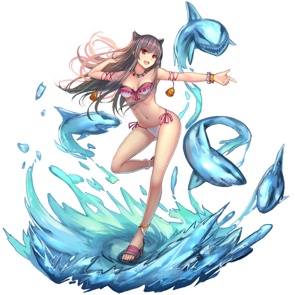 Anime picture 1300x1300 with million arthur (series) kai-ri-sei million arthur square enix musynexsk single long hair blush open mouth light erotic black hair red eyes animal ears transparent background girl navel swimsuit animal bikini water fish (fishes)