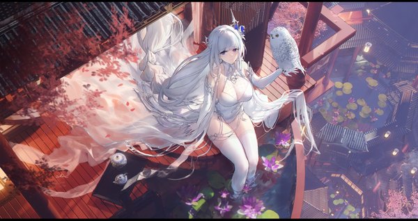 Anime picture 4096x2169 with azur lane illustrious (azur lane) swd3e2 single looking at viewer fringe highres breasts light erotic wide image large breasts sitting purple eyes bare shoulders absurdres cleavage white hair braid (braids) very long hair from above
